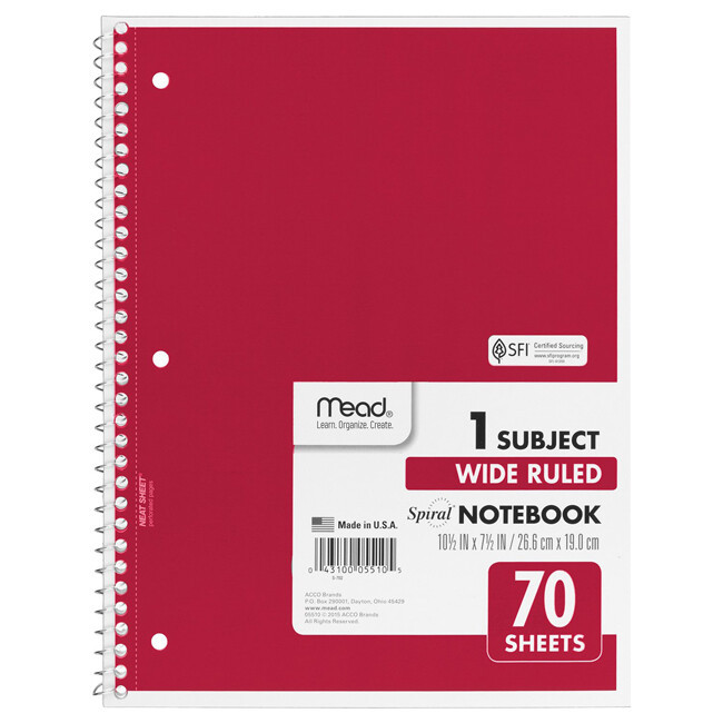 Mead Spiral 1-Subject Wide-Ruled Notebook, 1 Notebook, Red