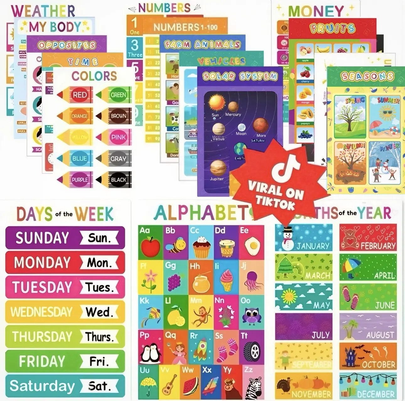 16 Educational Posters for Kids 1-3 Laminated Learning ABC Chart Numbers Colors