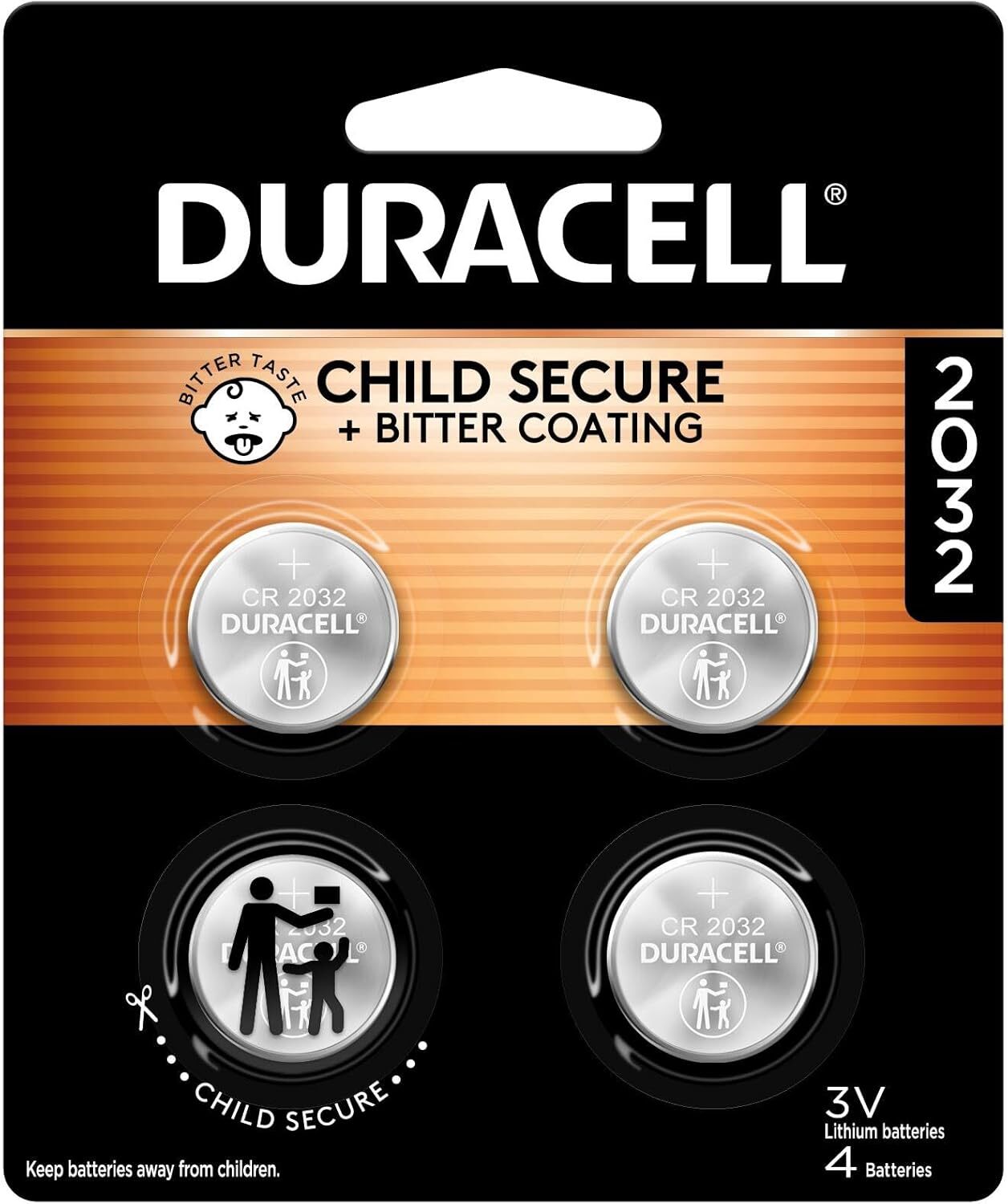 Duracell 2032 Lithium Battery. 4 Count Pack. Child Safety Features. Compatible