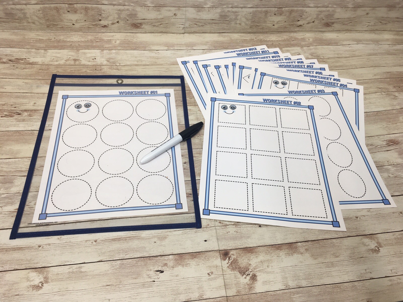 PRACTICE WRITING SHAPES – 10 Worksheets – with Reusable Dry Erase Pocket