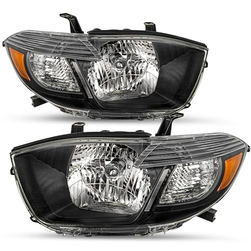08-10 Toyota Highlander Headlights Left & Right Pair Black Housing Amber