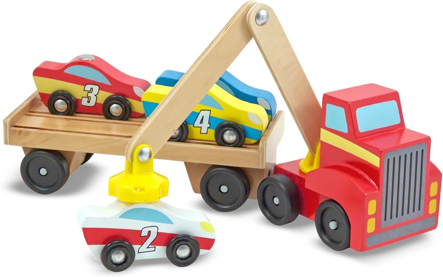 Melissa & Doug Magnetic Car Loader Wooden Toy Set Semi Crane with 4 Cars