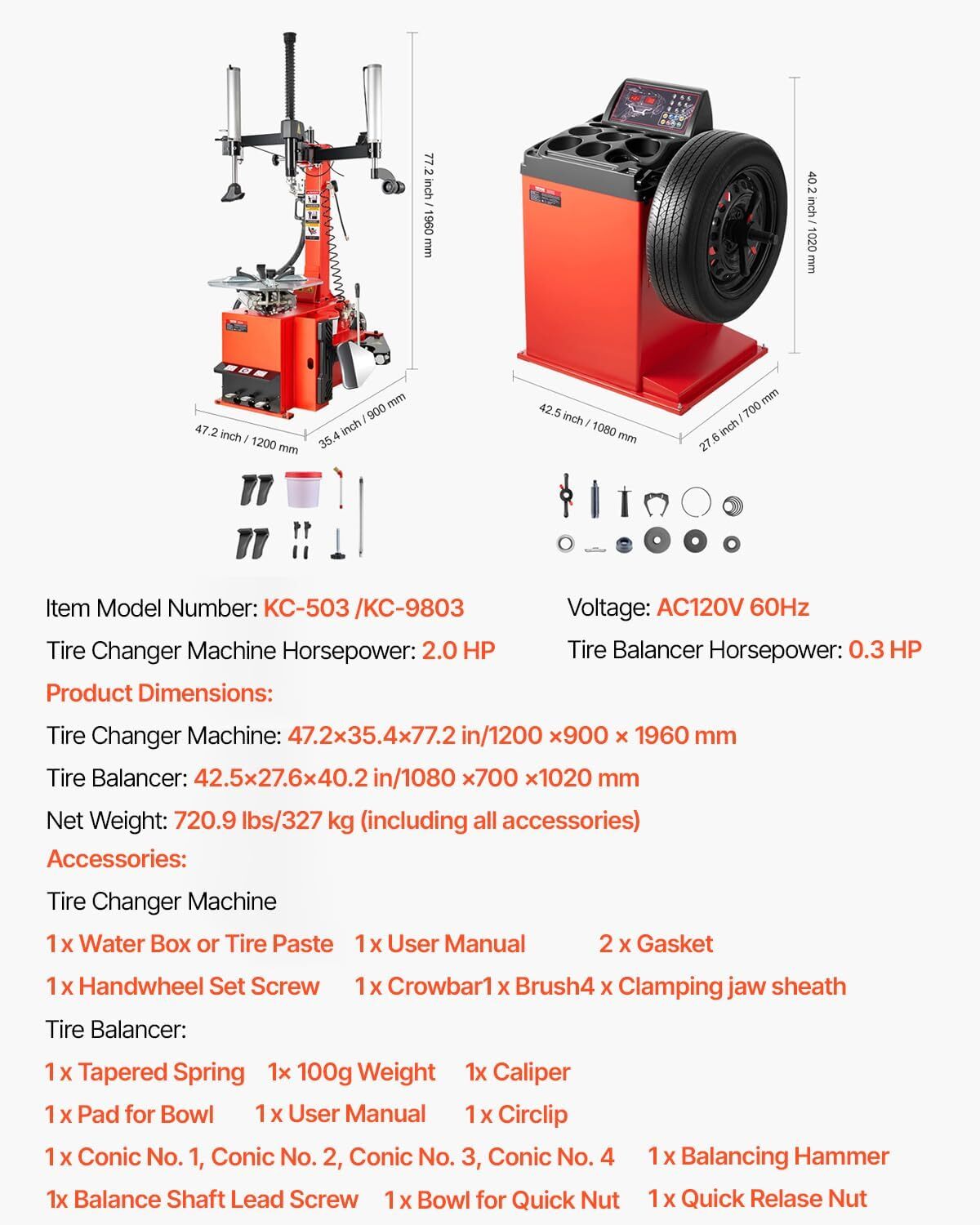 VEVOR Electric Tire Changer, Tire Balancer Combo, 18″ Spindle, Durable Electric