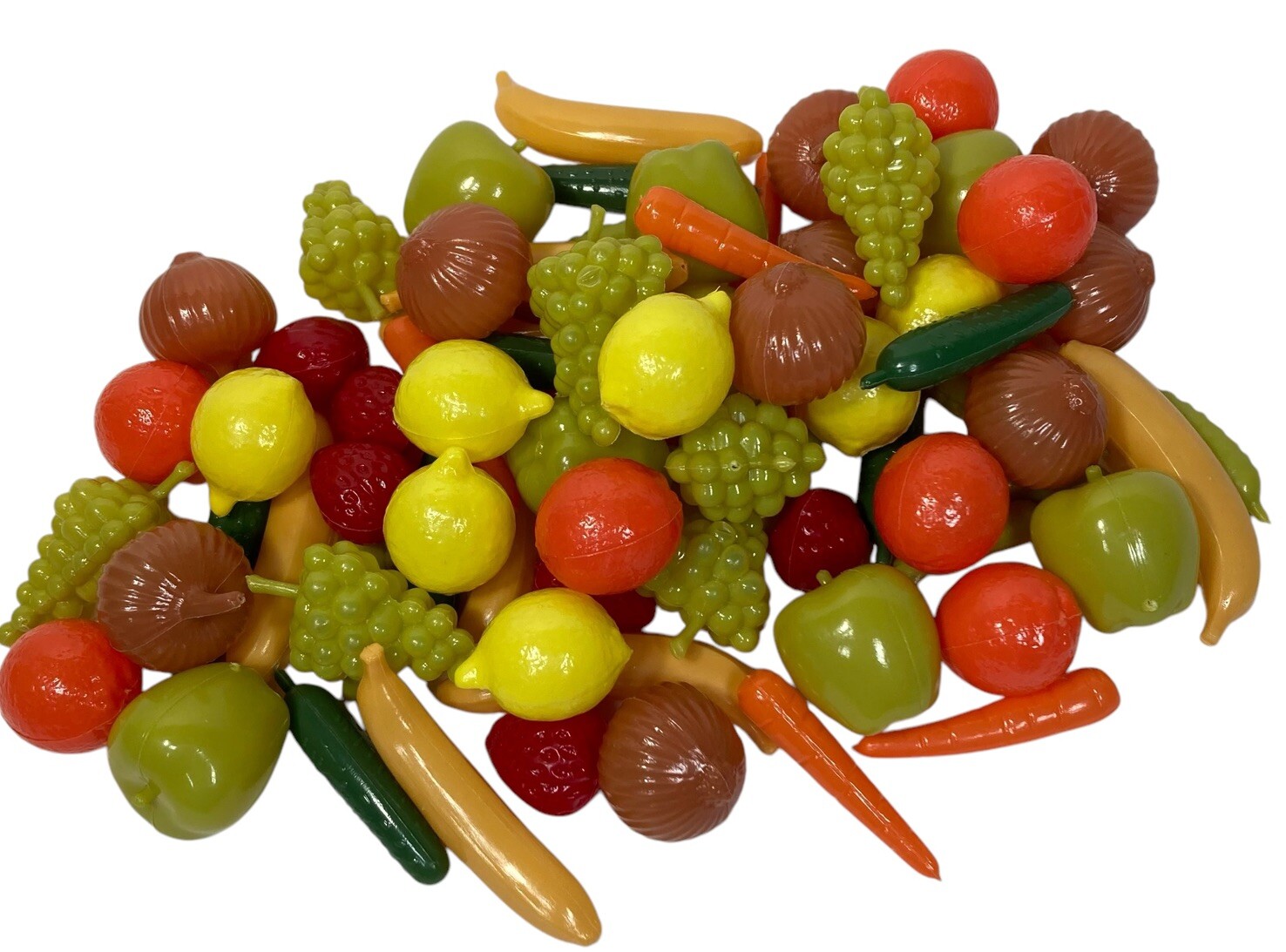 Vtg Lot of 76 Plastic Food Mini Fruits Veggies Play Manipulatives Counters Color