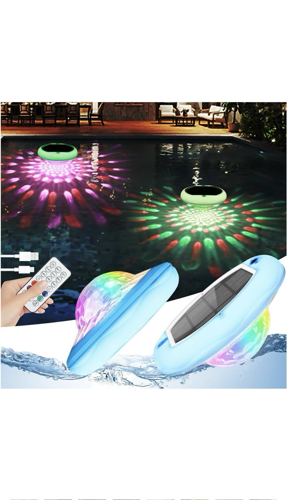 Solar Powered and USB Rechargeable Floating Pool Lights, 6.69 Inch IP68