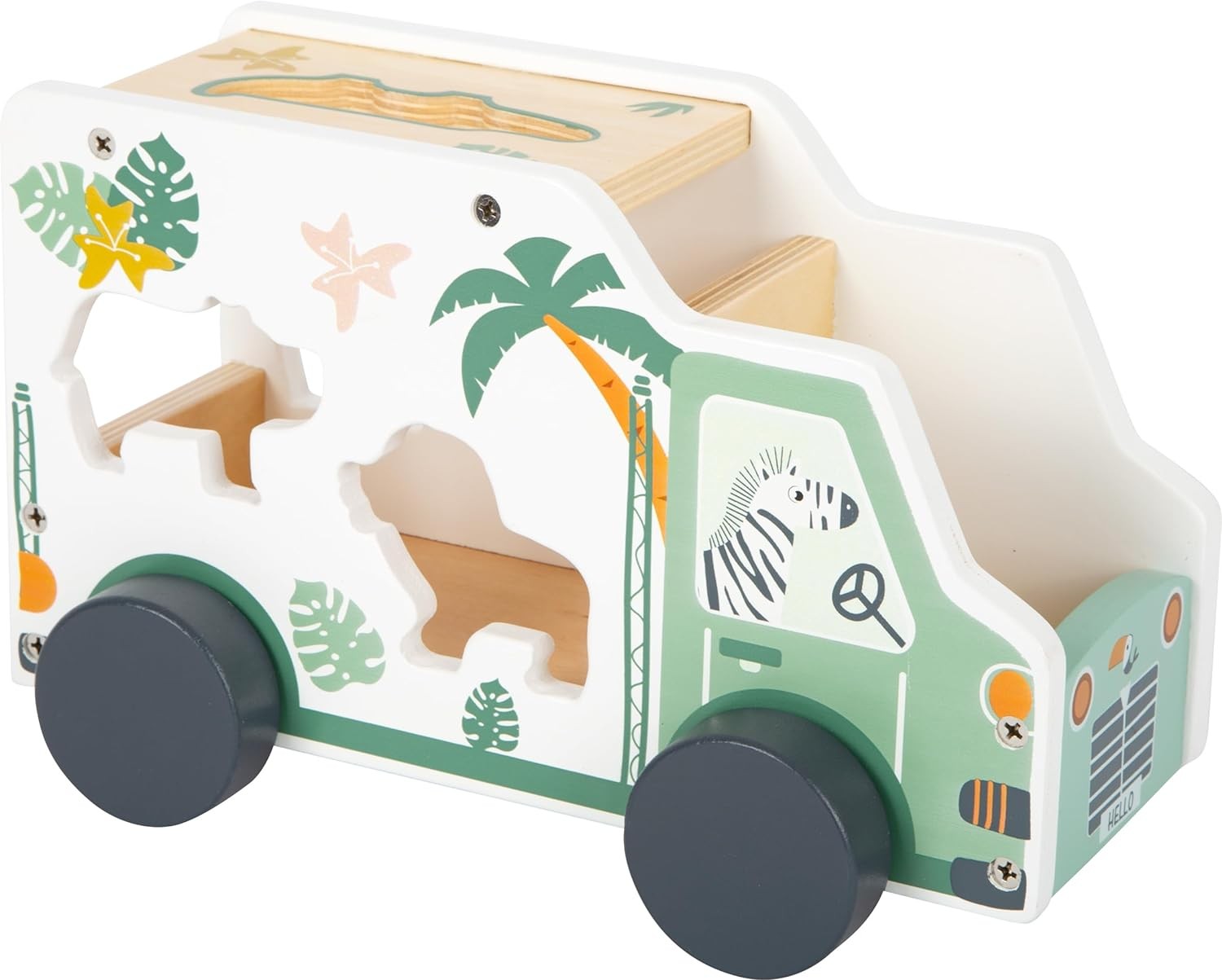 Small Foot Wooden Plug Safari Car Motor Skills Toy Made of Wood with Figures fro