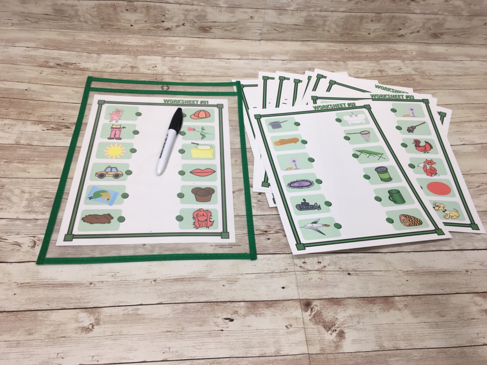 RHYMING SOUNDS – 10 Worksheets – with Reusable Dry Erase Pocket