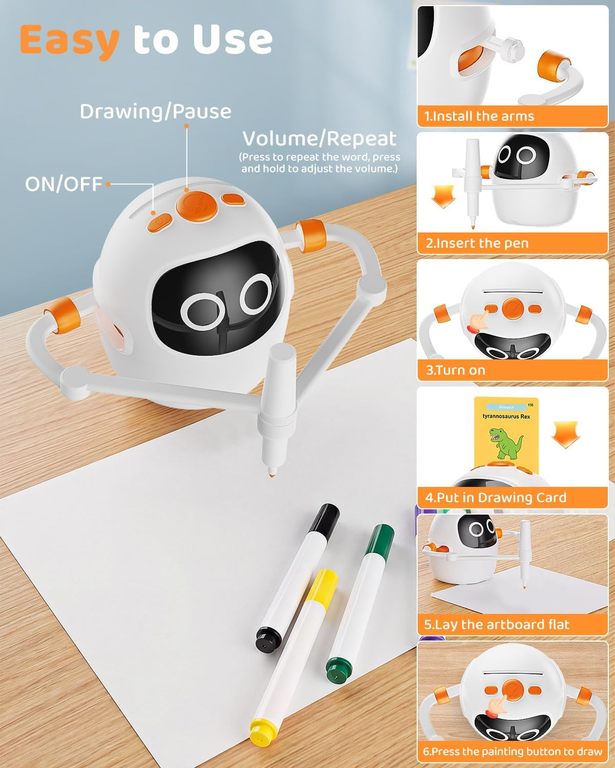 Drawing Robot for Kids 3-8 Rechargeable Interactive Montessori 200+ Cards 12 Pen