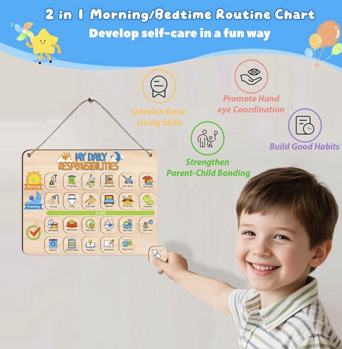 Kids Daily Responsibility Chart Wooden Morning & Bedtime Routine Board