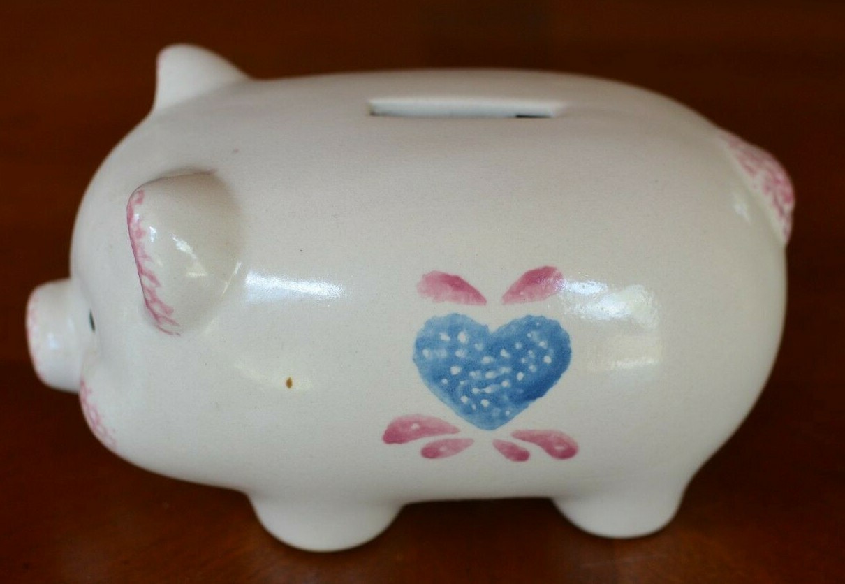 Ceramic Piggy Bank~Heart~rustic~country~traditional~handpainted~pink blue