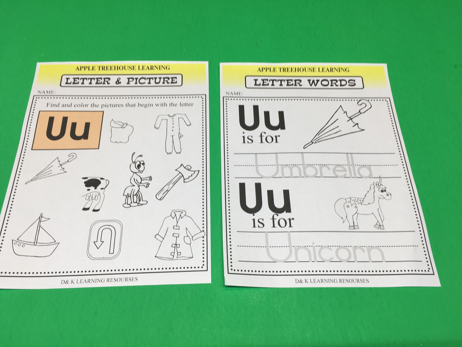 Letter Uu – Apple Treehouse Worksheets – Preschool Teaching supplies 20 sheet