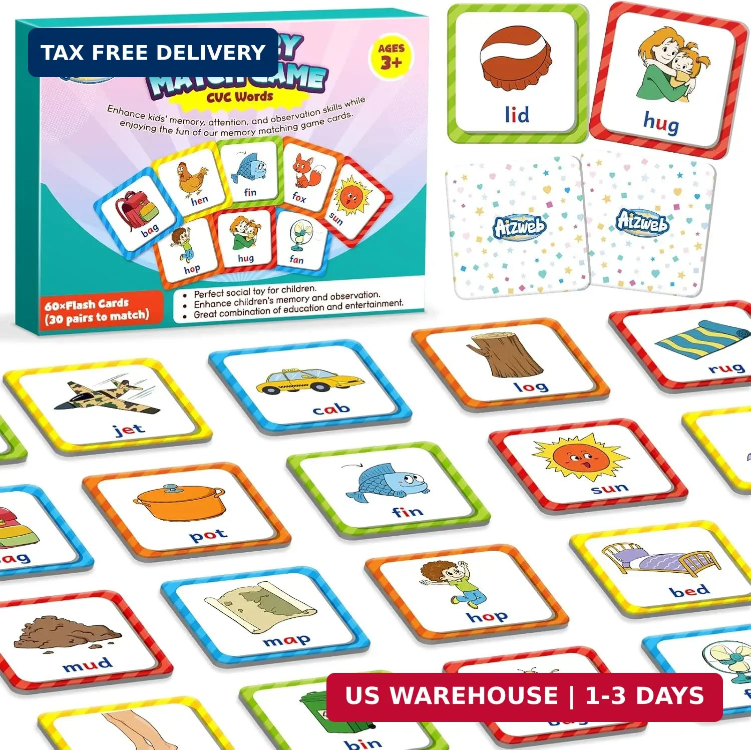 Aizweb CVC Word Match Game – 60 Pc Toddler Card Games for Kids Ages 3-6, Phonics