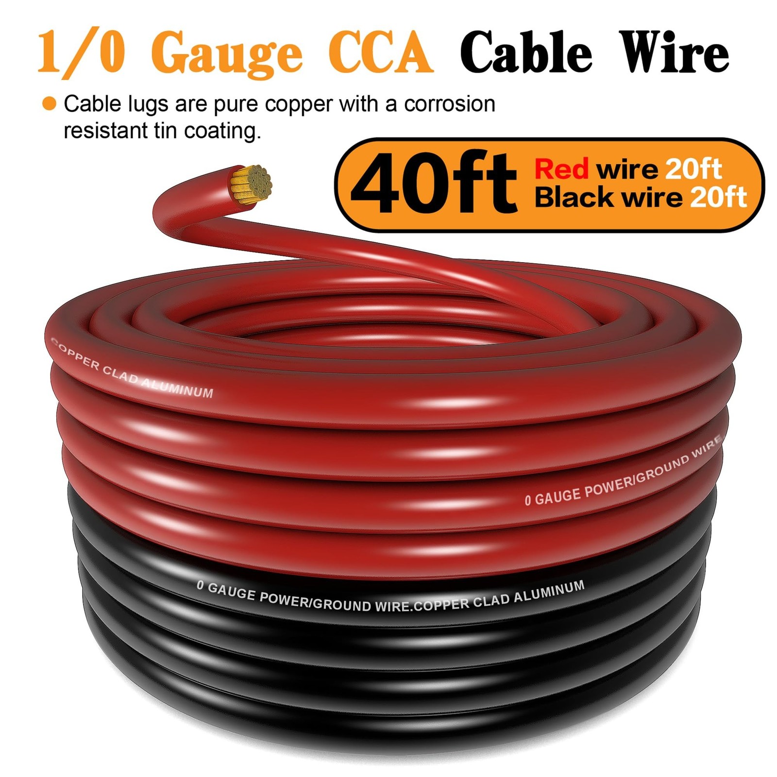 1/0 AWG Battery Cable 0 Gauge Wire Copper Clad Aluminum CCA Amp Wir… Fast Ship