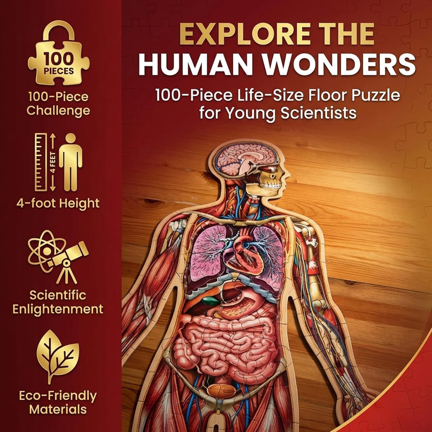 Human Anatomy Floor Puzzle For Kids Ages 6-8, 100-Piece 4 FT Tall Human Body Puz