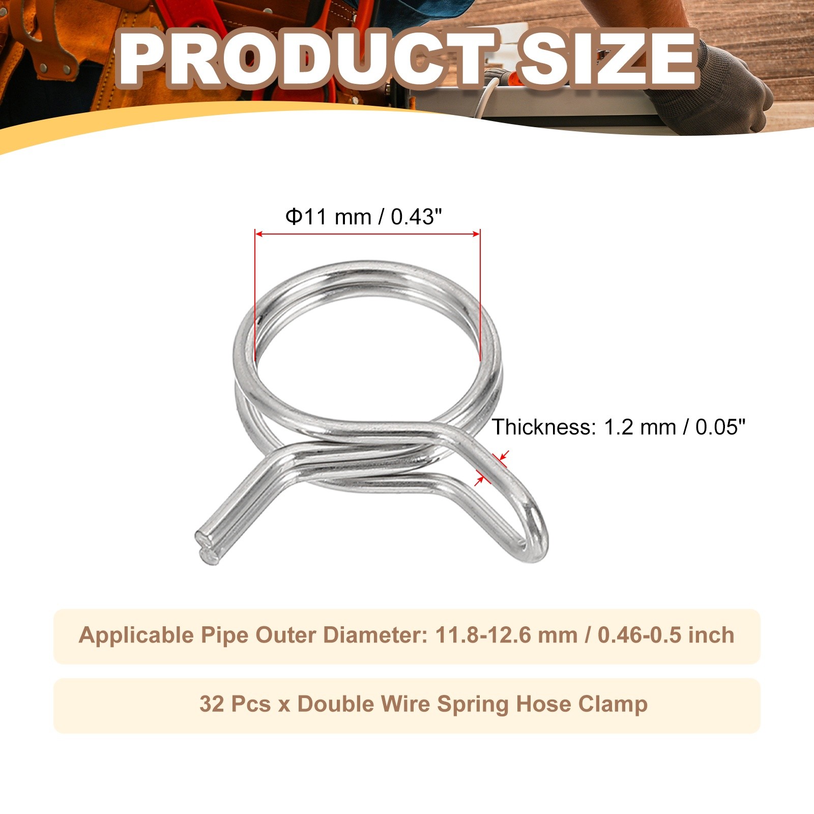 32 Pcs Double Wire Spring Hose Clamp for 11.8-12.6mm OD 0.43″(11mm) ID Silver