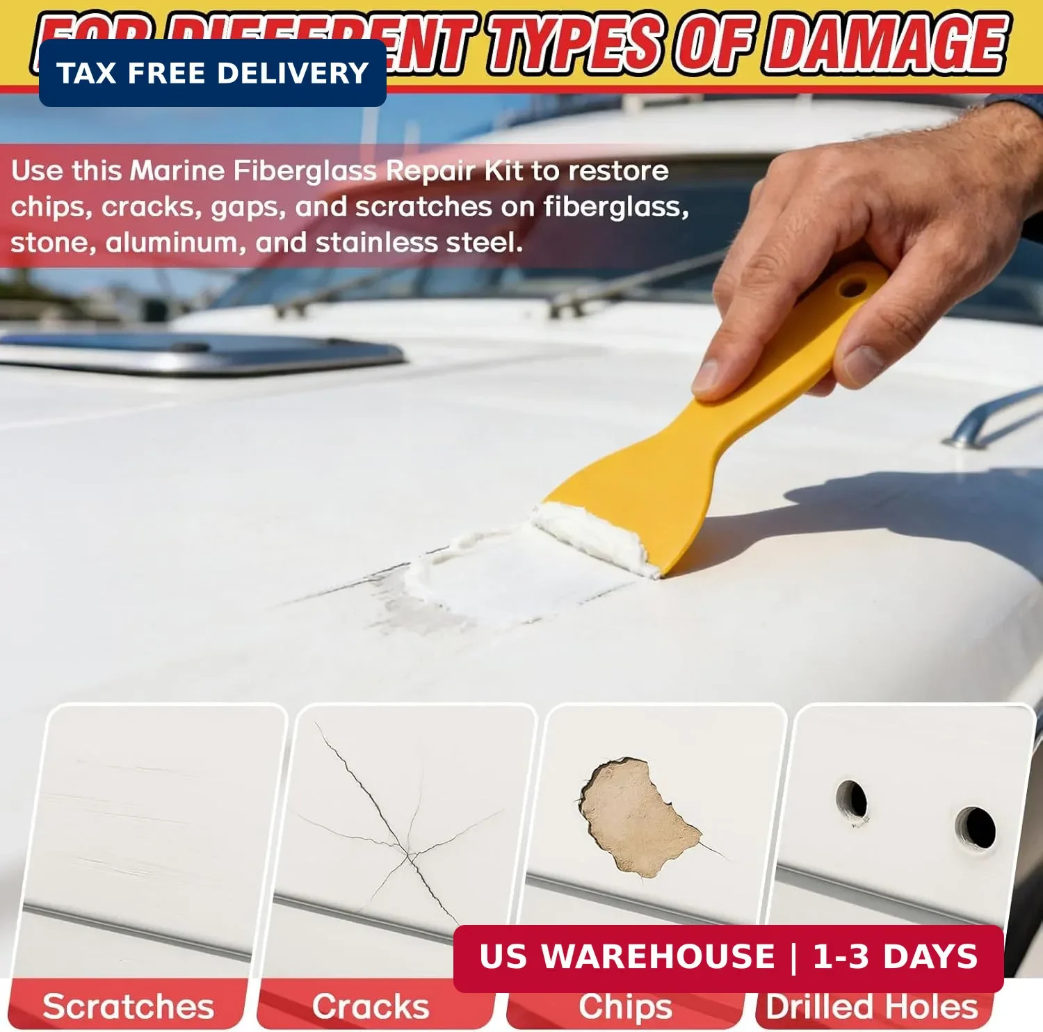 Marine Fiberglass Repair Kit for Boats, Gelcoat Repair Kit for Boats with Waterp