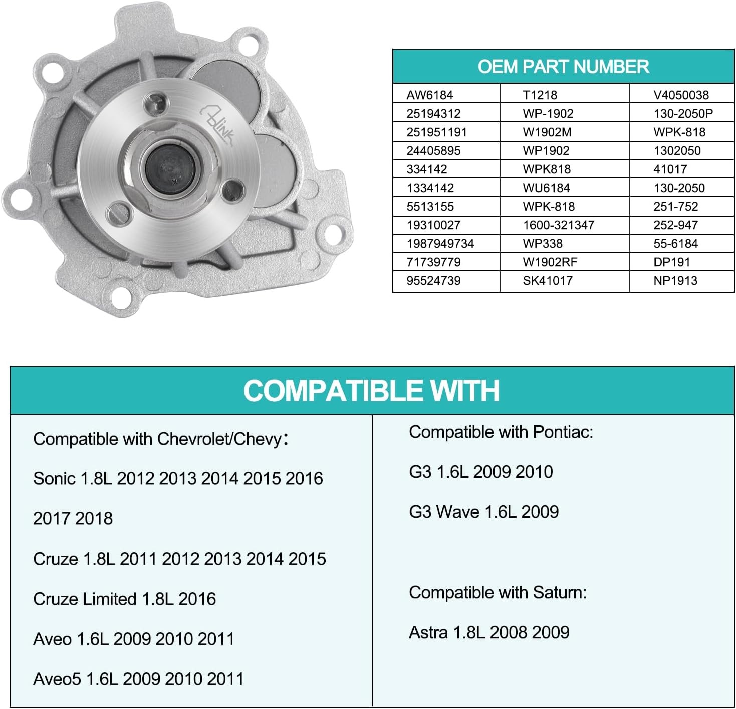 AW6184 Water Pump 1.6L 1.8L For Chevrolet/Chevy Sonic Cruze Limited Aveo Aveo5,P