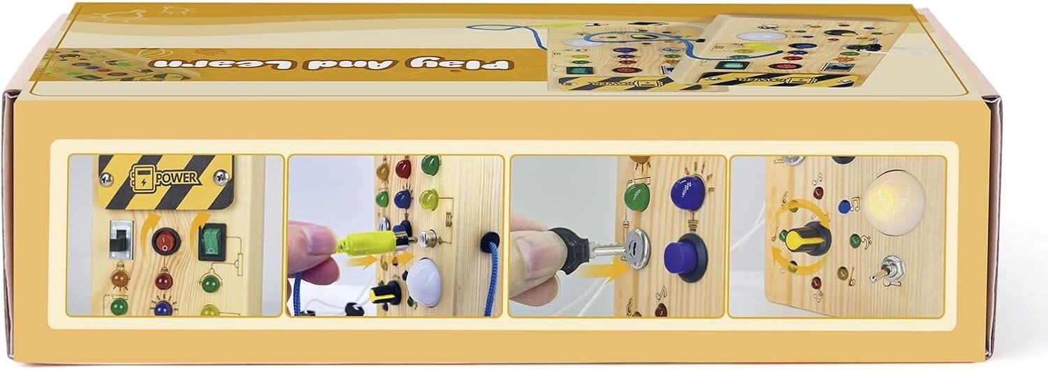 Handcrafted Montessori Busy Board for Ages 1+, 8 LED Lights for Sensory Learning