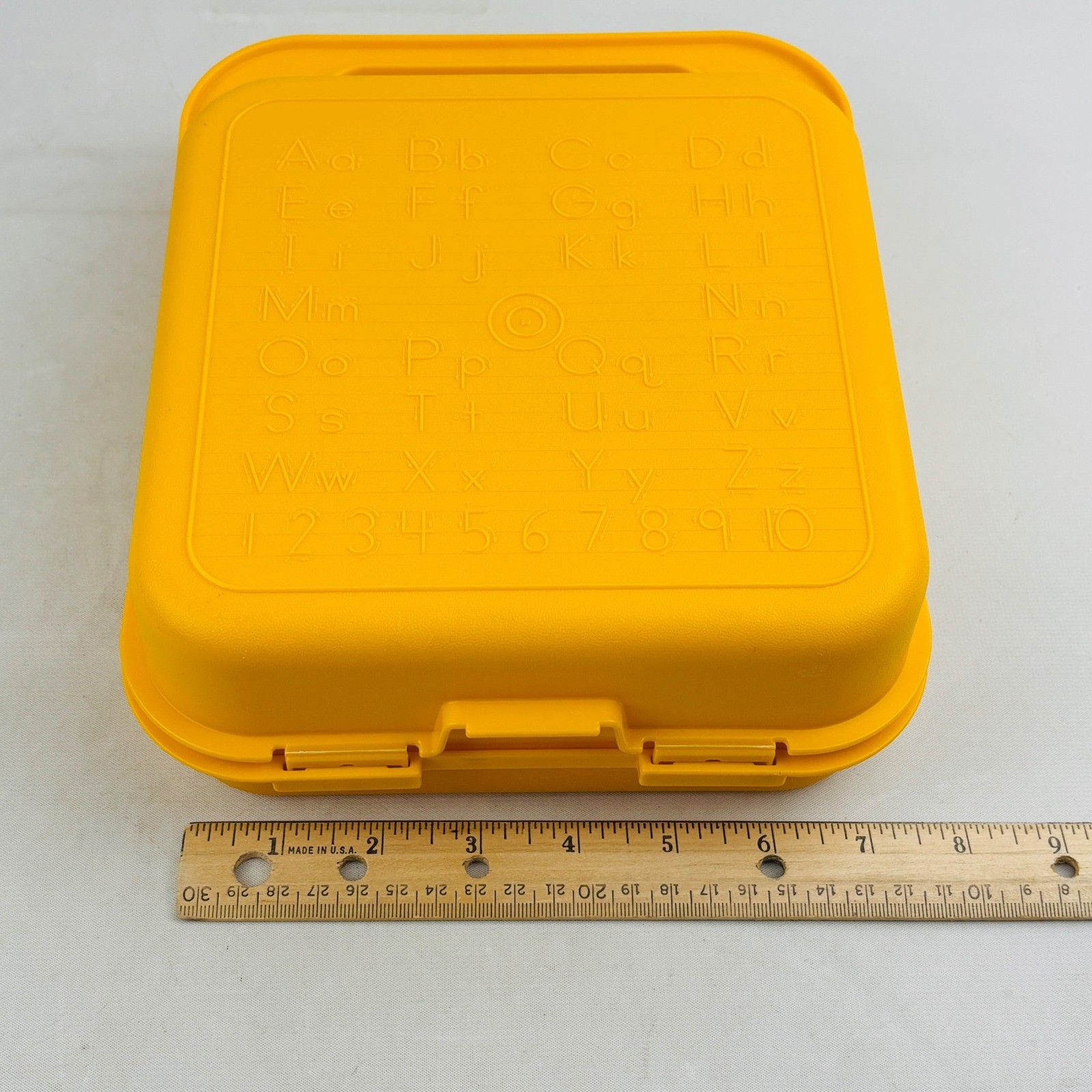 Vintage Tupperware Alphabet Carry Case 5 Stencil Lot Yellow ABC Pencil Lunch Box