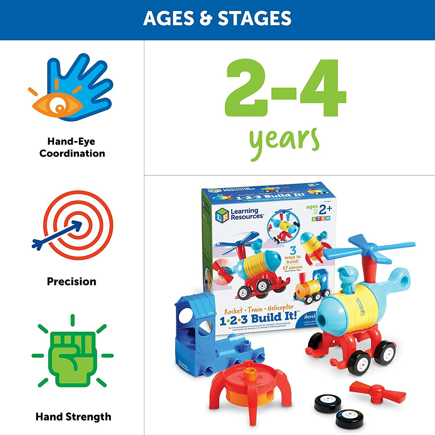NEW Learning Resources 1-2-3 Build It! Rocket Train Helicopter STEM For Ages 2+