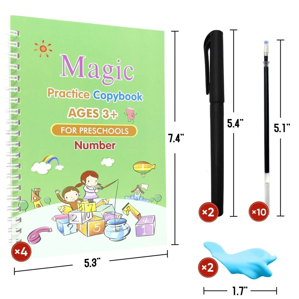 4 Pack Grooved Writing Books Magic Copy Handwriting Practice for Kids 3-5 Yrs
