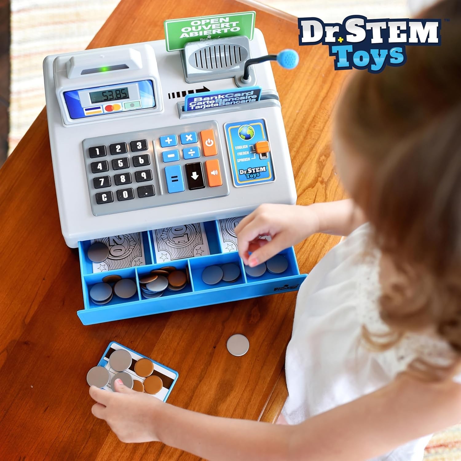 Dr. STEM Toys Talking Toy Cash Register Grey 3 Languages English Spanish French