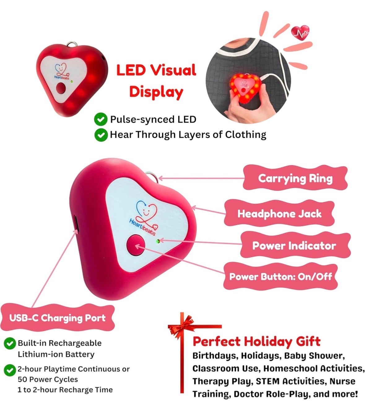 Heartbeat Electronic Stethoscope Toy w/ LED Display & 10X Sound Amplification