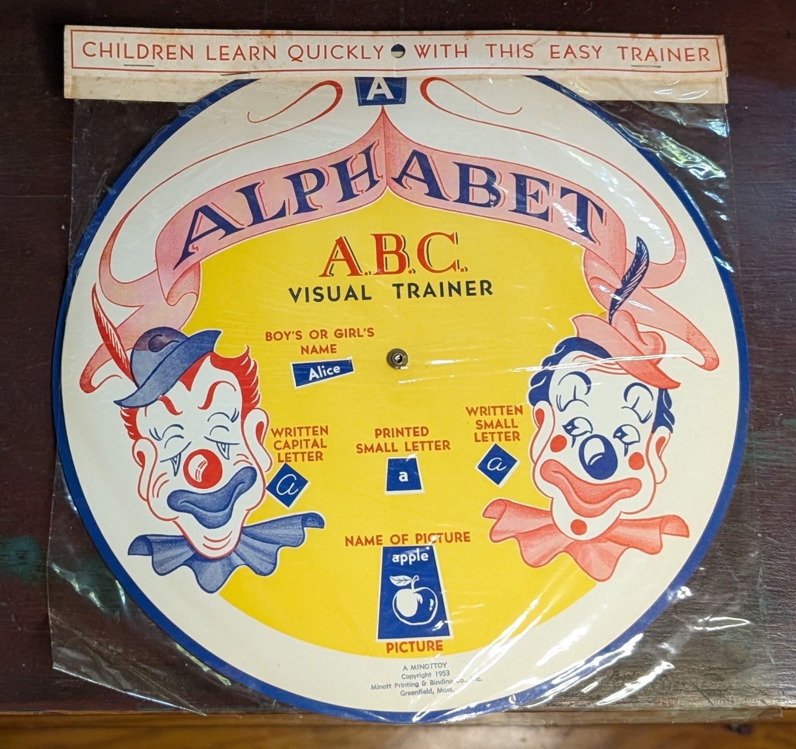 Rare 1953 Minottoy ABC Alphabet Visual Learner Wheel With Clown Faces, Sealed