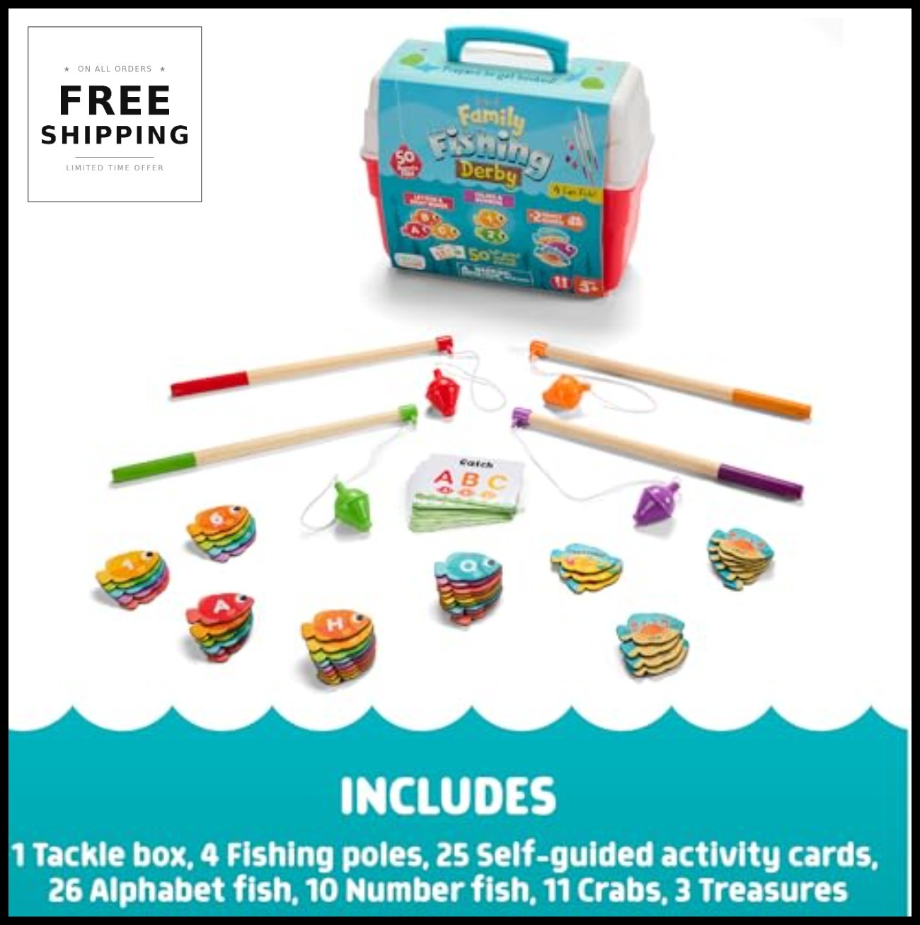 Fishing Game for Kids 4 Poles 50 Magnetic Fish Alphabet Letters Colors Numbers
