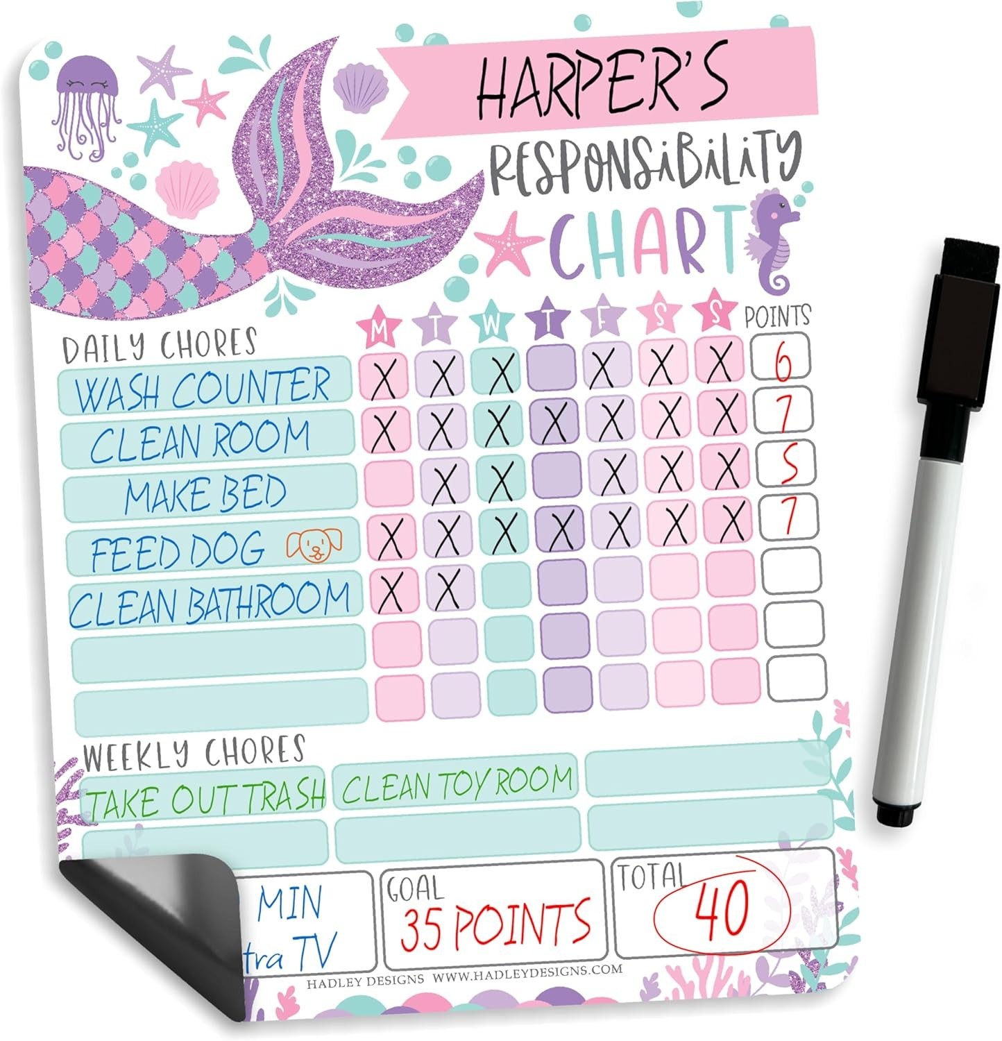 Reusable Magnetic Chore Chart for Kids – Mermaid Design for Family Organization