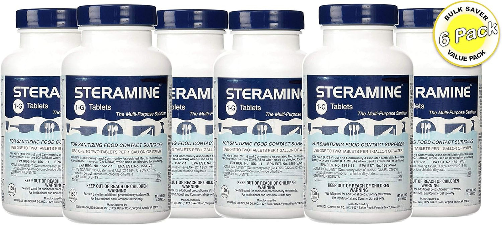 Edwards-Councilor S150E48 Steramine Sanitizer Tablets (Sanitabs) 150 Count Bottl