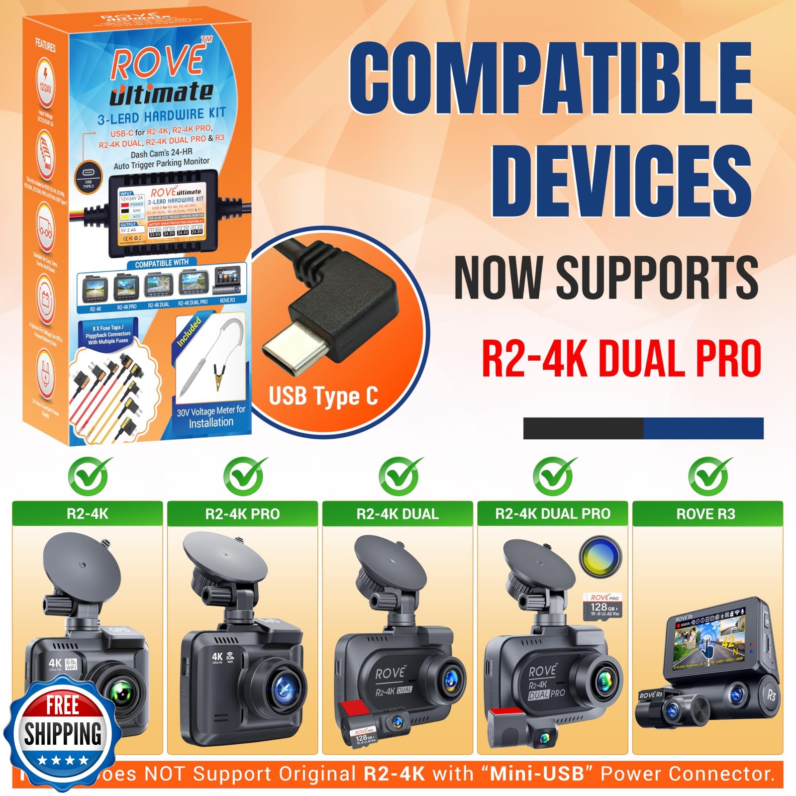 ROVE Ultimate Dash Cam Hardwire Kit with USB-C Port for R2-4K, R2-4K PRO, R2-