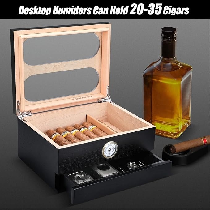 COOL KNIGHT Cigar Humidor Box w/ Hygrometer, Humidifier, Cedar, Glass Top (Black