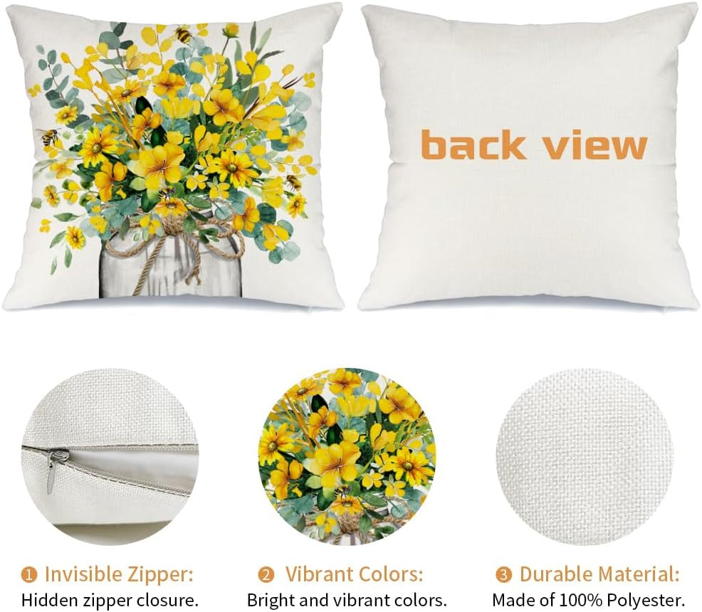 Spring Pillow Cover 18×18 Inch Eucalyptus Flowers Decor Vase Bee Farmhouse Summe