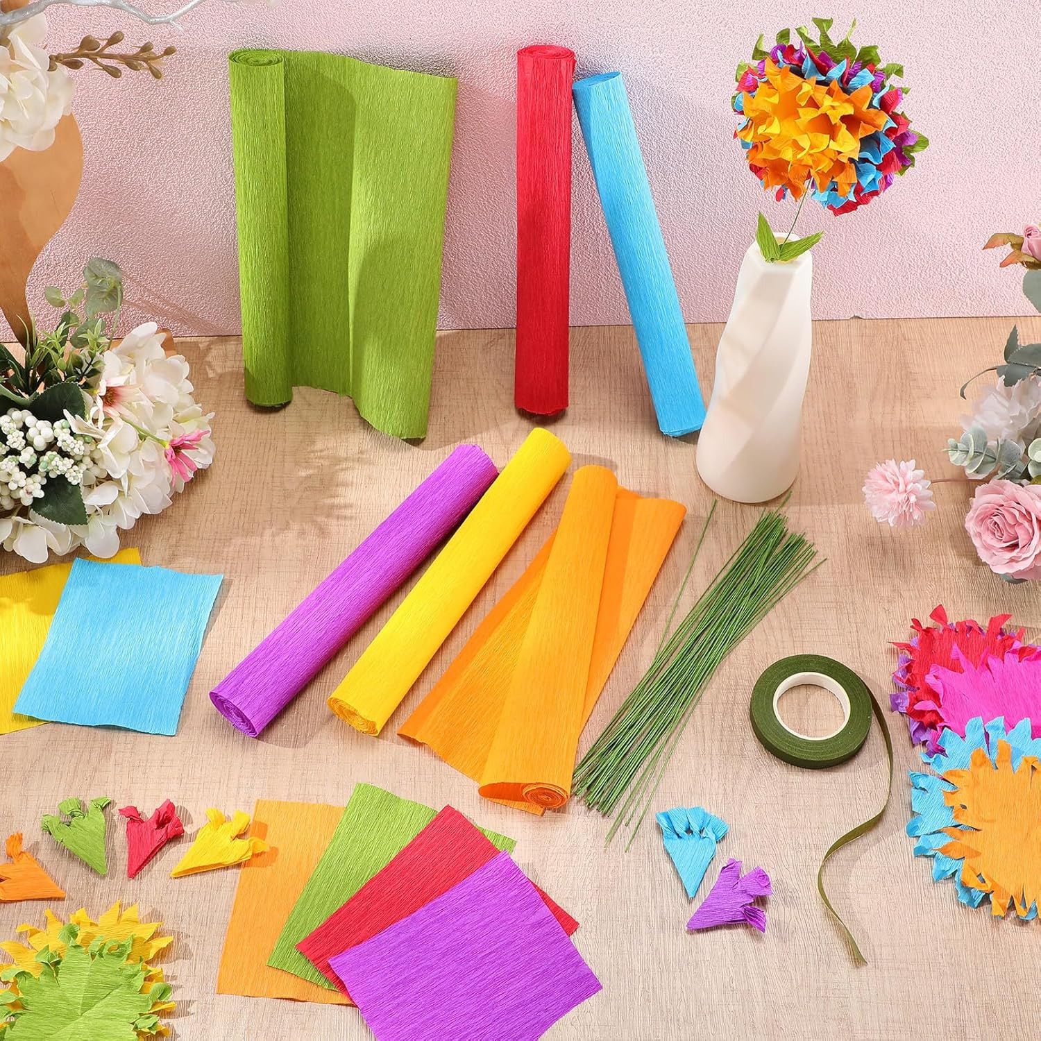 57 Pcs Crepe Paper Flower DIY Kits 6 Rolls 35G Papel Crepe Sheets 50 Pcs Floral