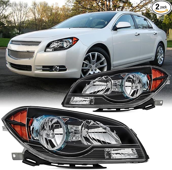 08-12 Chevy Malibu Headlight Assembly Pair Black Housing Amber Corner Clear Lens