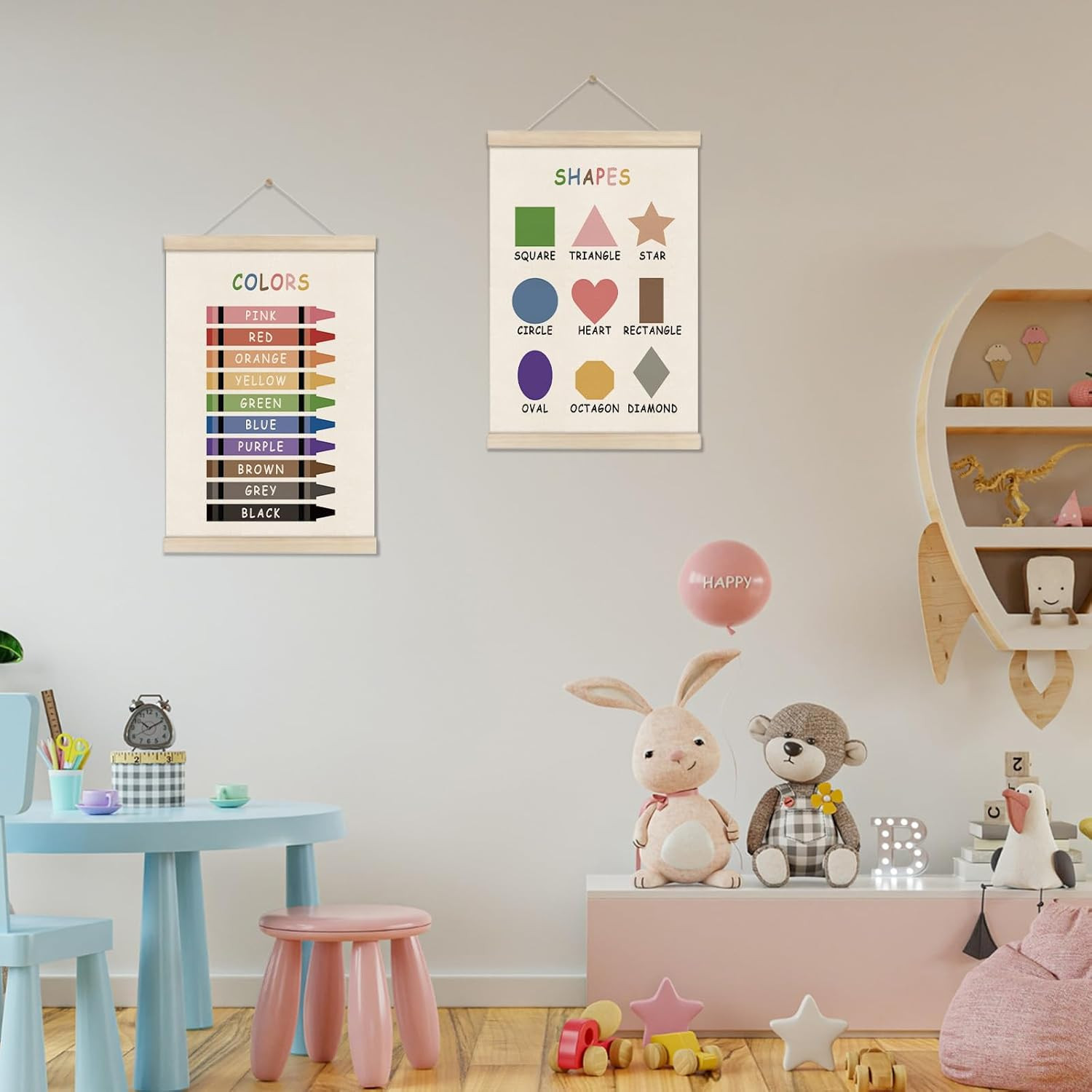 Colors Shapes Posters Hanger Frame, Educational Posters for Toddler Kids, Set of
