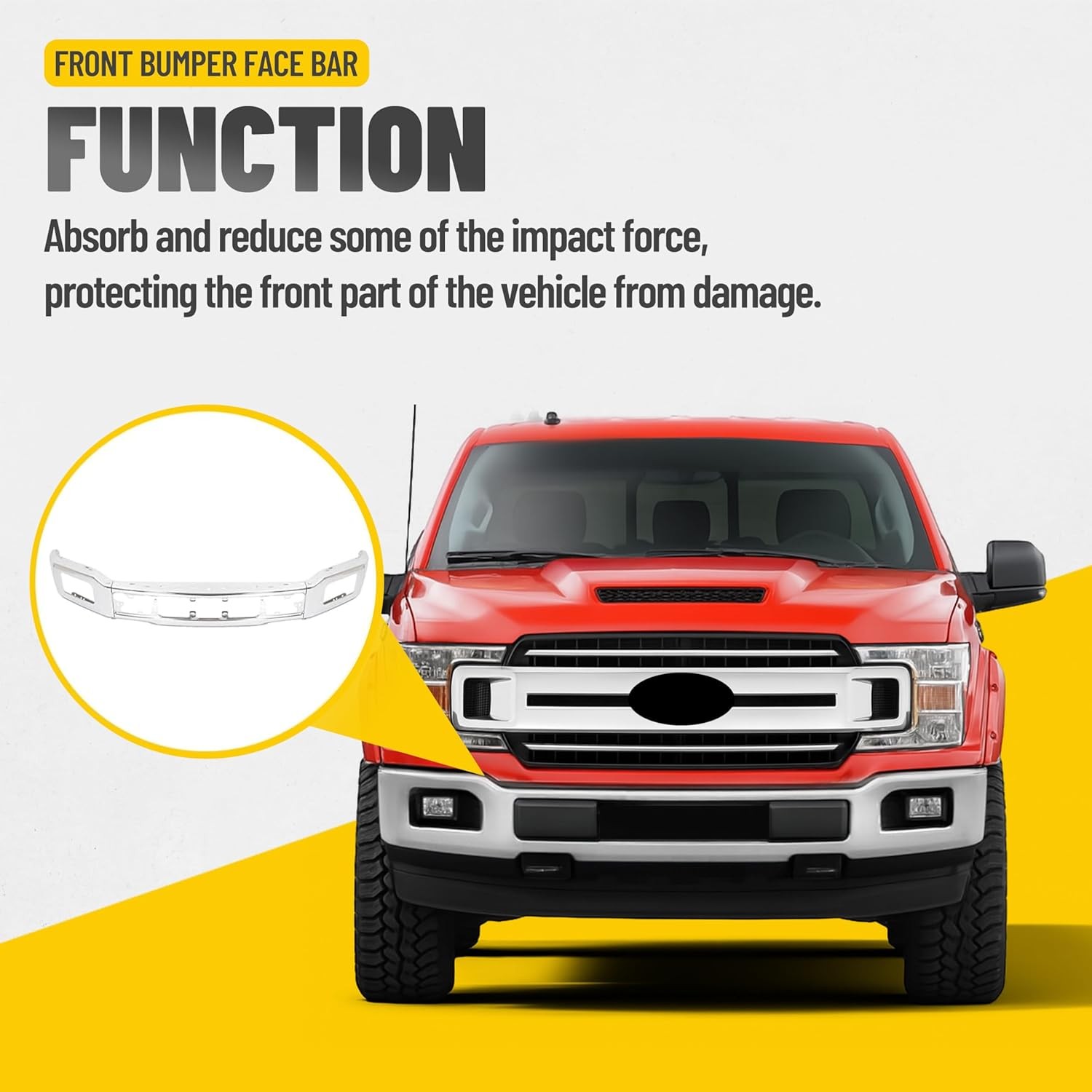 18-20 Ford F150 Front Bumper Face Bar w/ Fog Light Hole Impact Bar Chrome