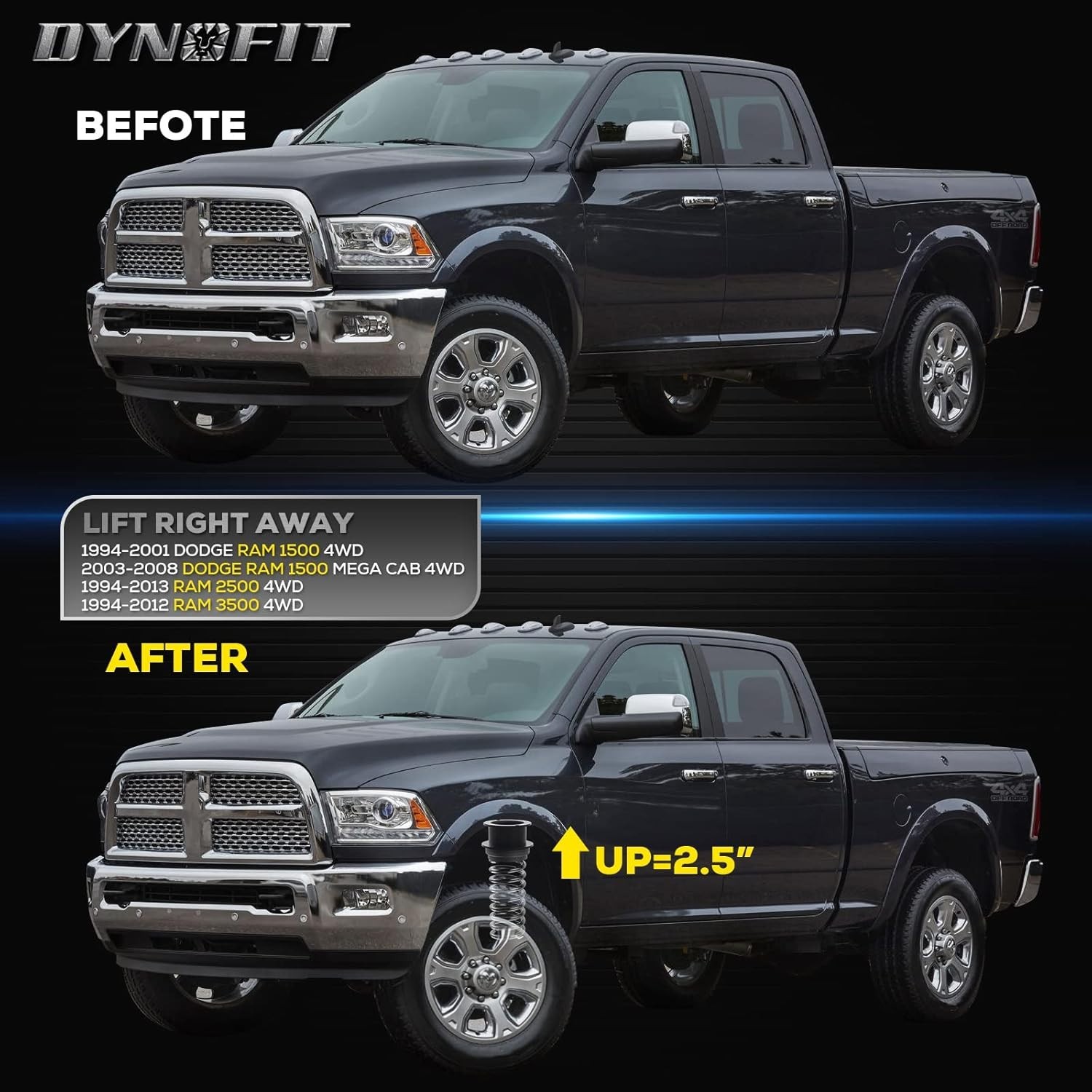 Dynofit 2.5″ Leveling Lift Kit for Dodge Ram 2500 3500, Front Suspension Level K
