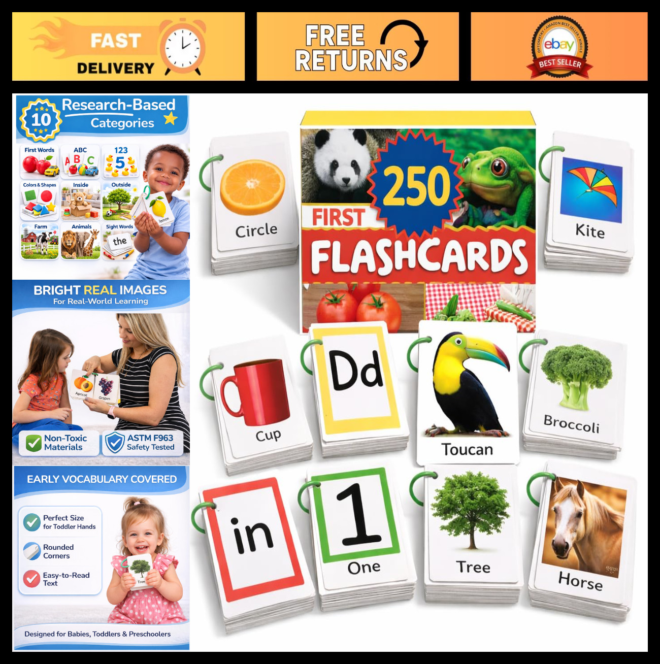 250 Toddler Flash Cards 1-3 with Rings – ABC Learning, Improve Speech Skills!