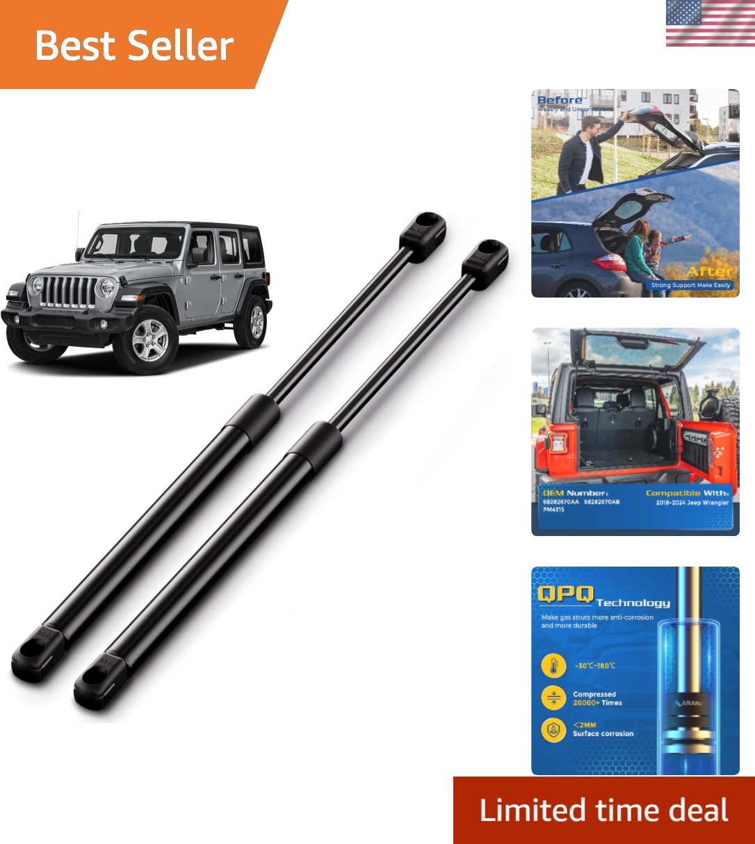 Rear Window Struts for Jeep Wrangler 2018-2025 – 2 Carbon Steel Supports