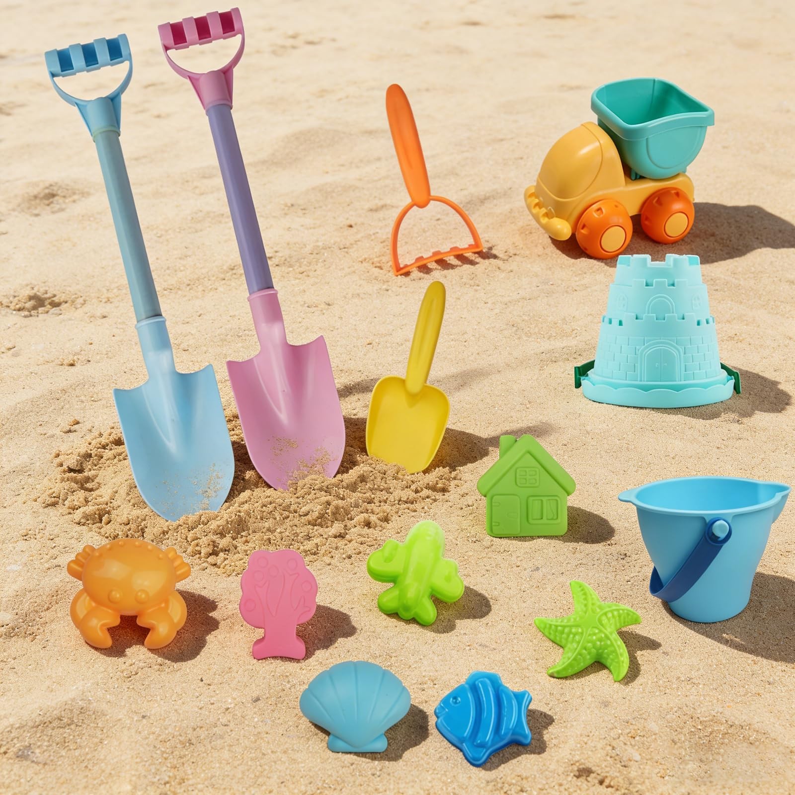 IOKUKI Long Shovels Sand Toys Set with Mesh Bag Including Small, Multicolor