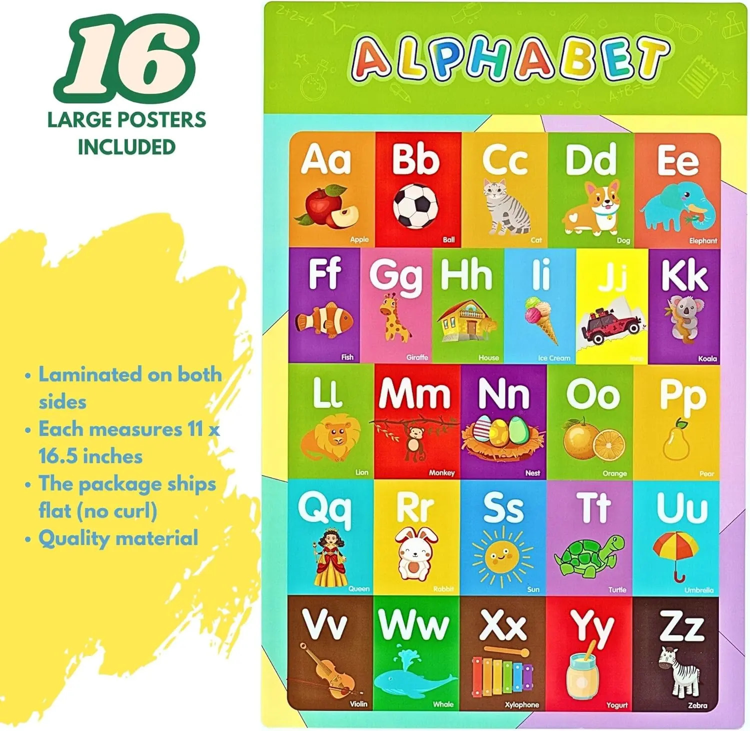 16 Educational Posters for Kids 1-3 Laminated Learning ABC Chart Numbers Colors