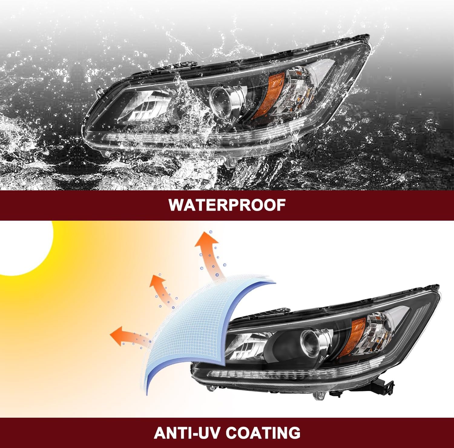 13-15 Honda Accord Sedan Headlight Assembly Pair Black Projector Housing & Amber