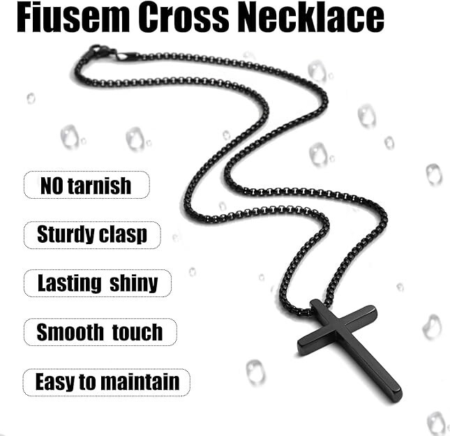 Cross Necklace for Men, Silver/Gold/Black Mens Cross Necklaces with 2.5mm