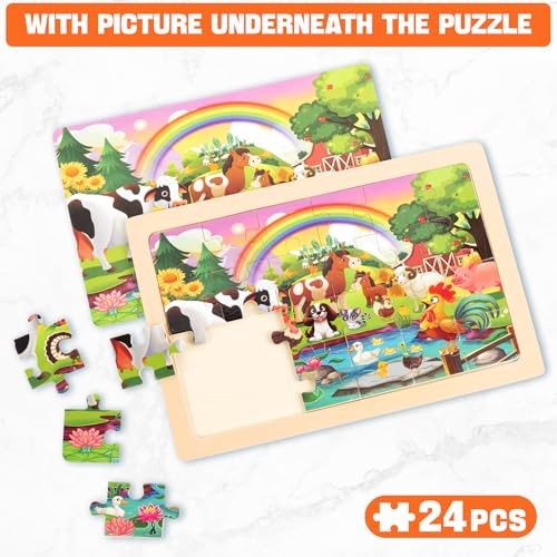 4 Packs 24 PCs Wooden Puzzles for Kids Ages 3-5, Montessori Toddler Animal