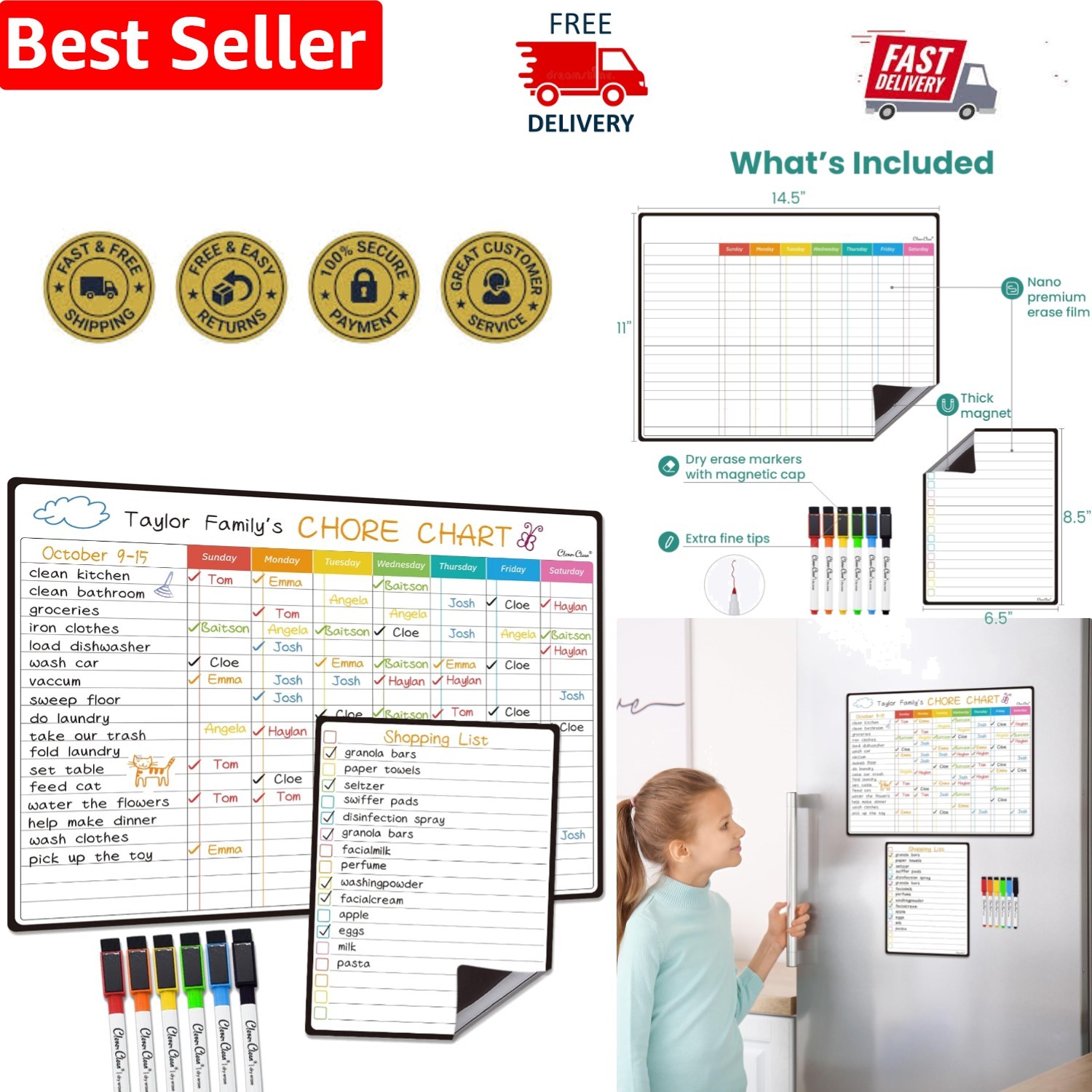 14.5″x11″ Magnetic Chore Chart with 6 Fine Point Markers – Family List Organizer