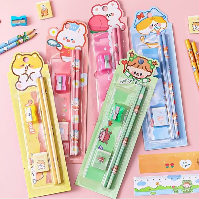 5 Pack Cartoon Wooden Pencils Kids Art Tools Eraser Sharpener Essential Set