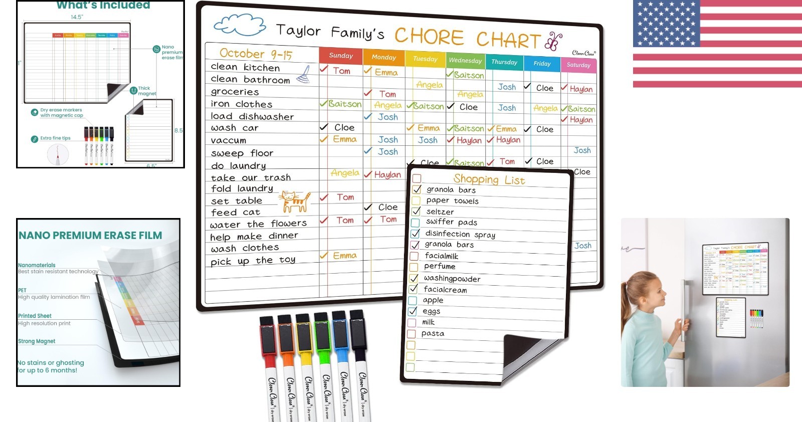 14.5″x11″ Magnetic Chore Chart with 6 Fine Point Markers – Family List Organizer