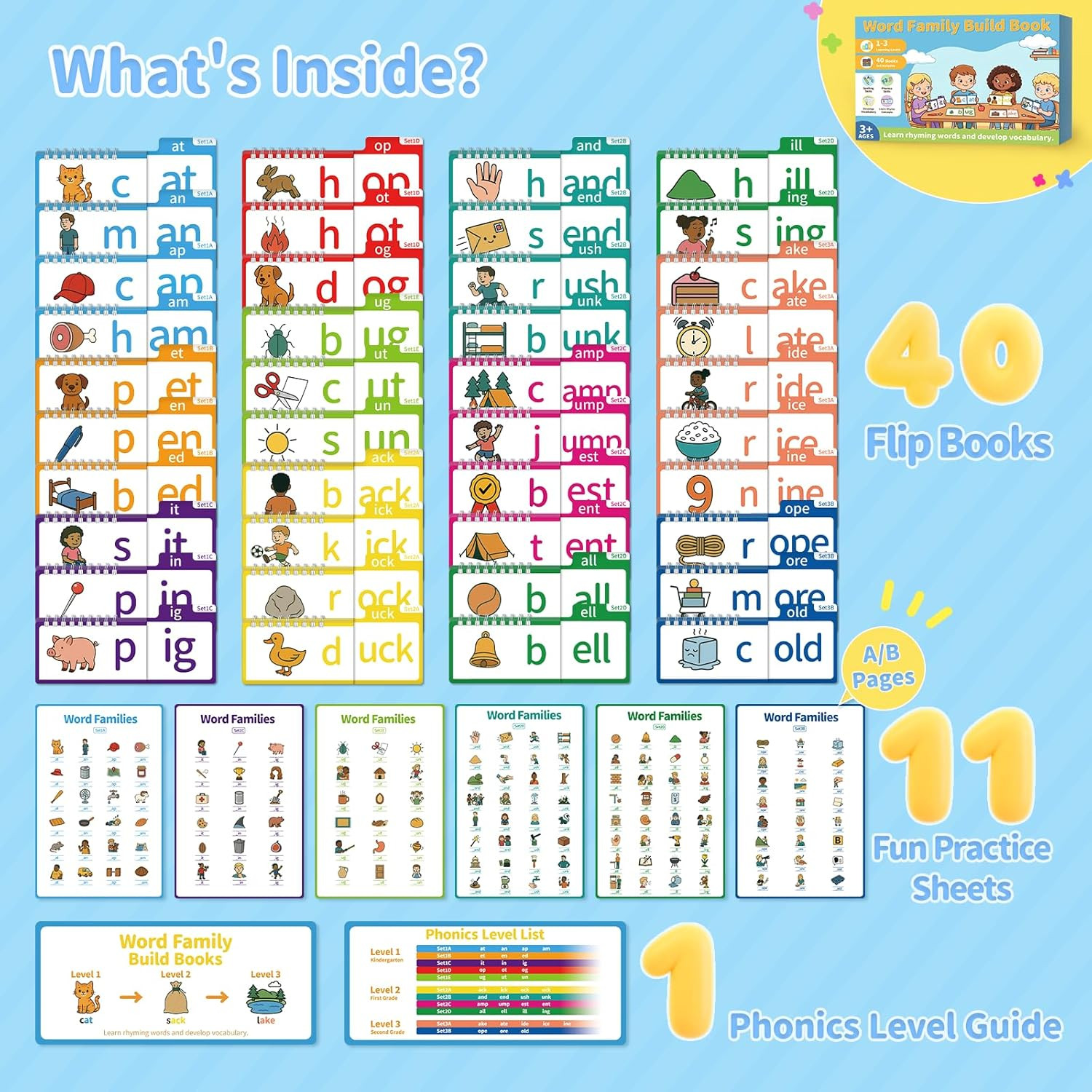 Phonics Flash Cards & Word Family Build Book Fun Kids Flip Books | 40 Phonics Fl